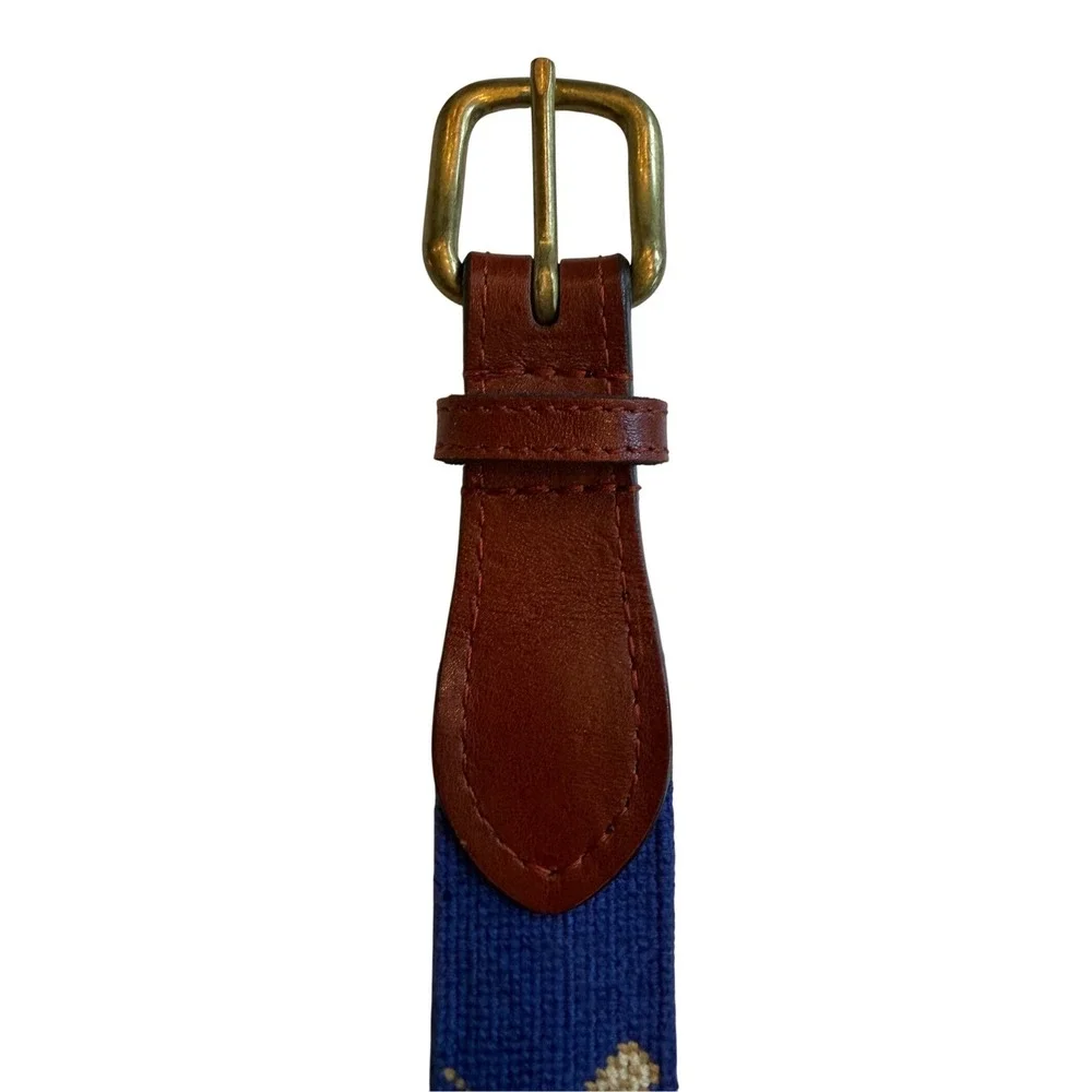 Smathers & Branson Mens 34 Needlepoint Belt Rowing Crew Oars Navy Blue Leather